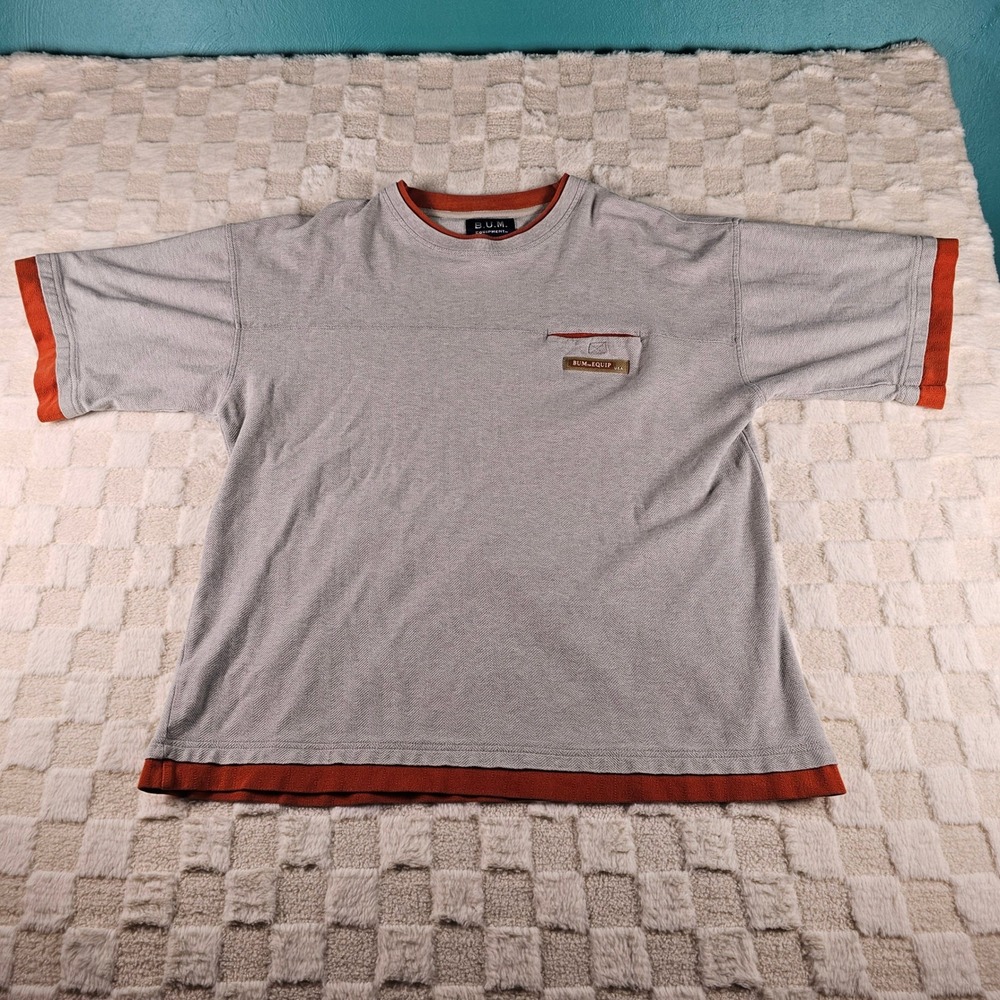 Vintage BUM Equipment Mens XL Gray Orange Textured Herringbone Pocket T-Shirt